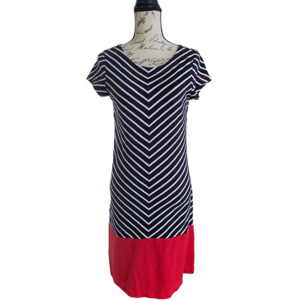 HATLEY Women's Blue, White, & Red Jersey Knit Striped Dress Size Small
